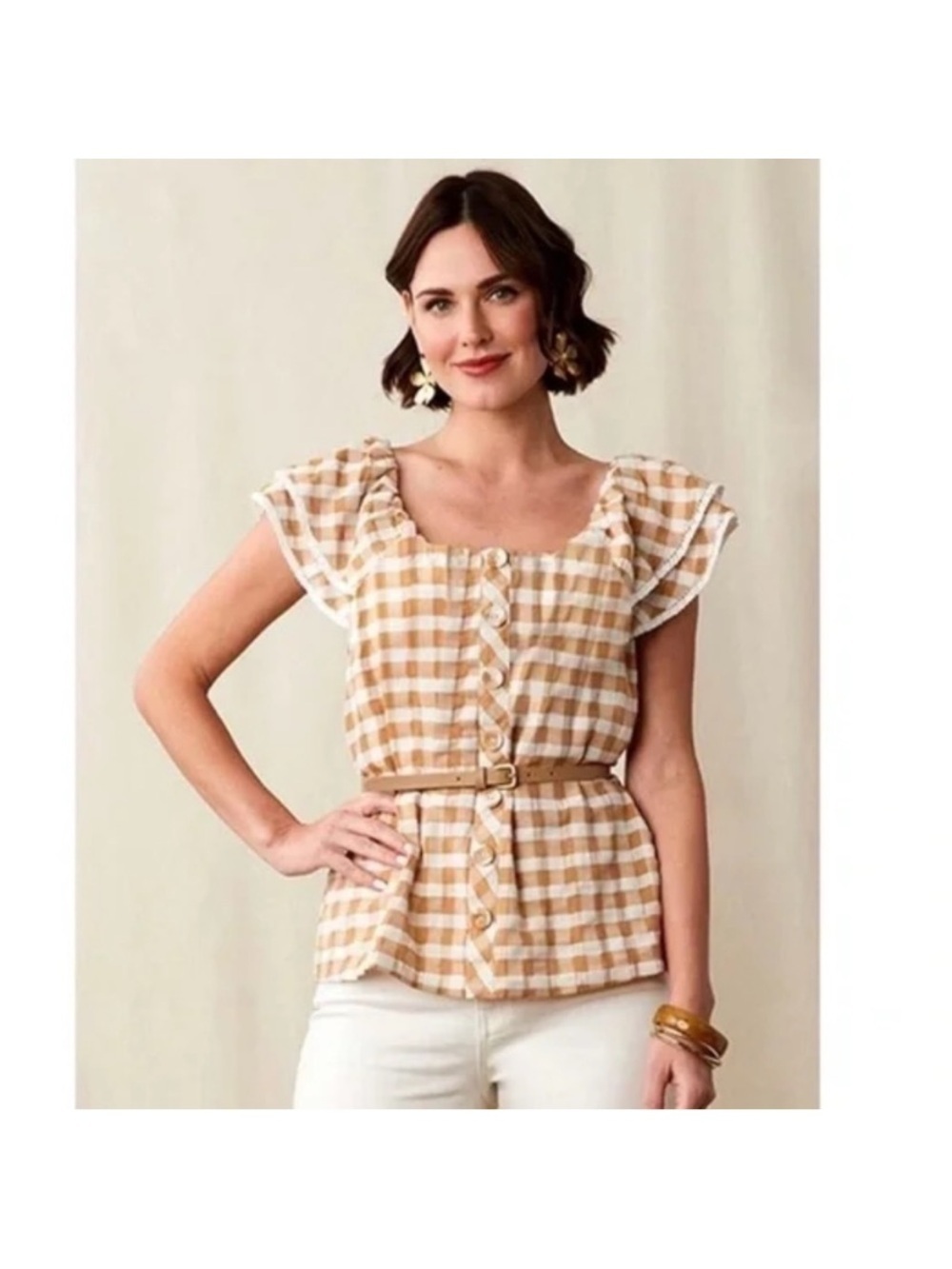 Matilda Jane Brown and Cream Neutral Gingham Plaid Annabelle Blouse Size XXL
